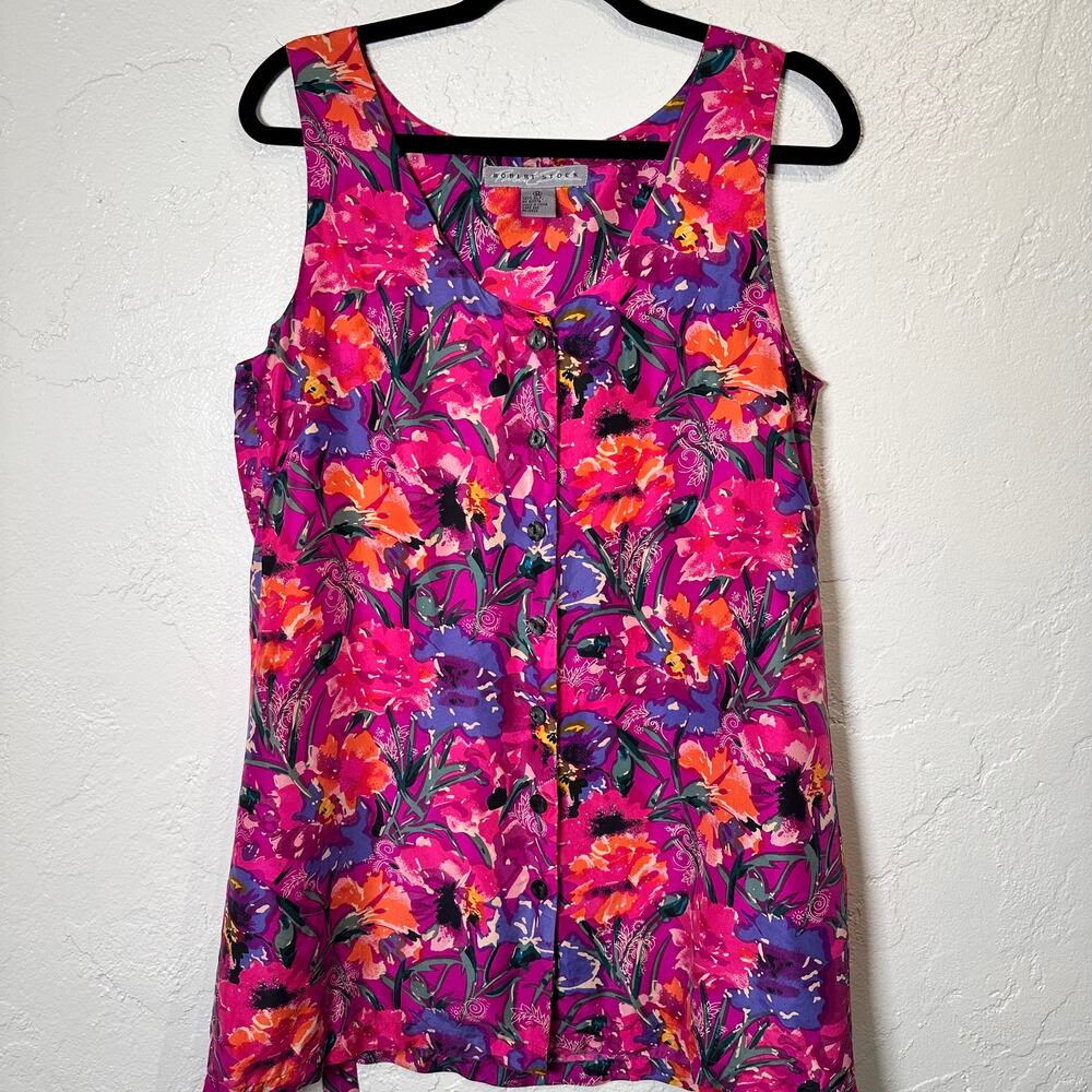 Vintage 100% Silk Robert Stock Medium Sleeveless Blouse Tropical Floral Coastal